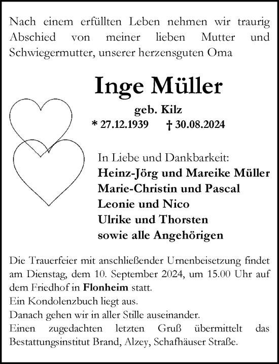 Traueranzeige von Inge Müller von Allgemeine Zeitung Alzey