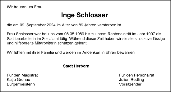 Traueranzeige von Inge Schlosser von Dill Block