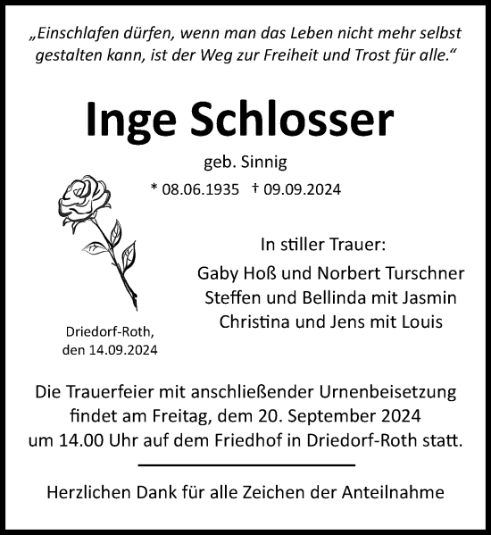 Traueranzeige von Inge Schlosser von Dill Block