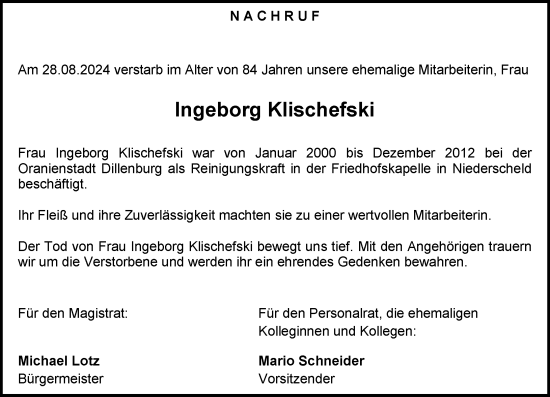Traueranzeige von Ingeborg Klischefski von Dill Block