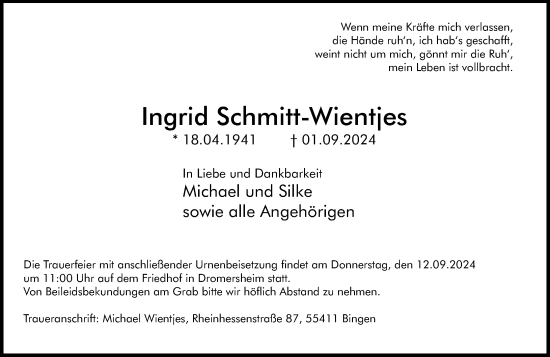 Traueranzeige von Ingrid Schmitt-Wientjes von Allgemeine Zeitung Rheinhessen-Nahe