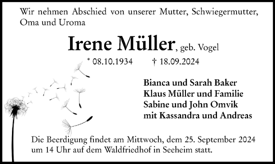 Traueranzeige von Irene Müller von Darmstädter Echo