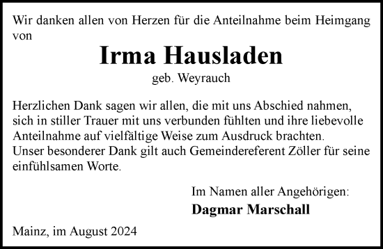 Traueranzeige von Irma Hausladen von Allgemeine Zeitung Mainz