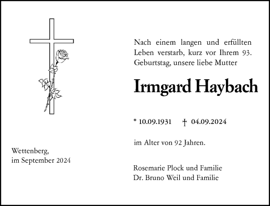 Traueranzeige von Irmgard Haybach von Weilburger Tageblatt