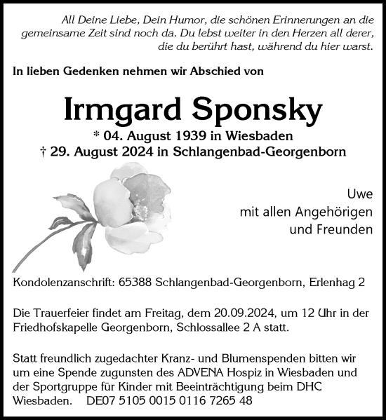 Traueranzeige von Irmgard Sponsky von Wiesbadener Kurier