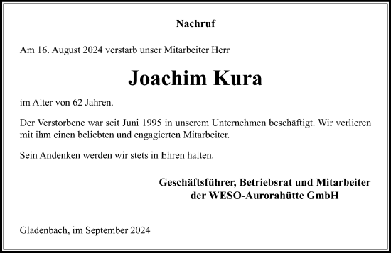 Traueranzeige von Joachim Kura von Hinterländer Anzeiger