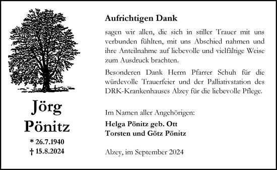 Traueranzeige von Jörg Pönitz von Allgemeine Zeitung Alzey