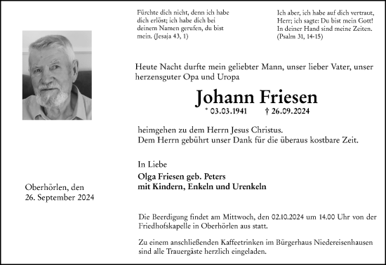 Traueranzeige von Johann Friesen von Hinterländer Anzeiger