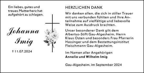 Traueranzeige von Johanna Imig von Allgemeine Zeitung Rheinhessen-Nahe