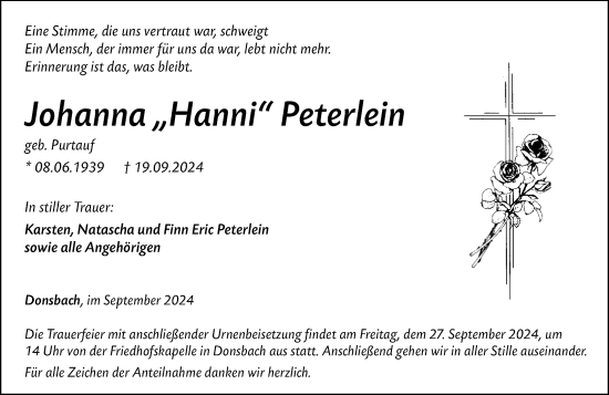 Traueranzeige von Johanna Peterlein von Dill Block