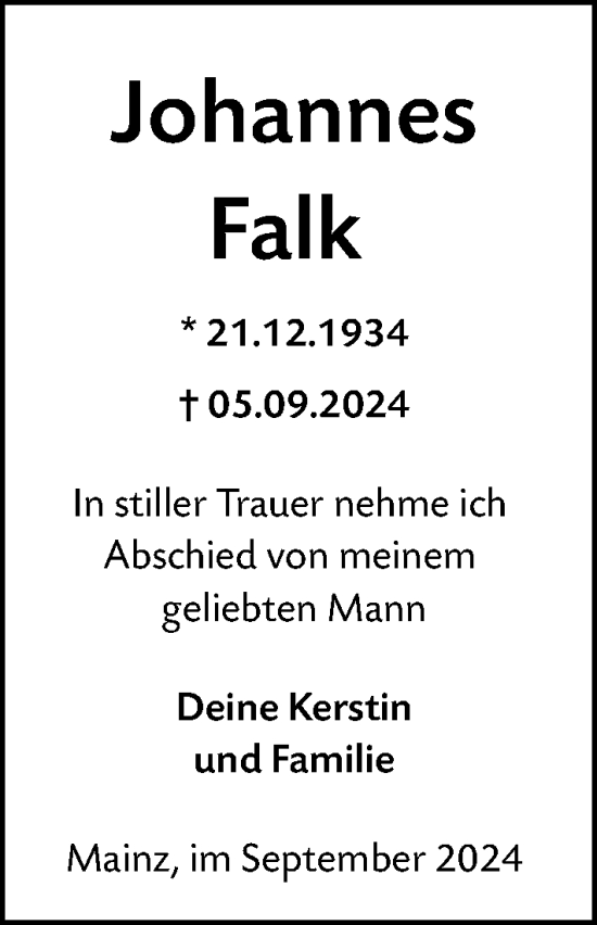 Traueranzeige von Johannes Falk von Allgemeine Zeitung Mainz