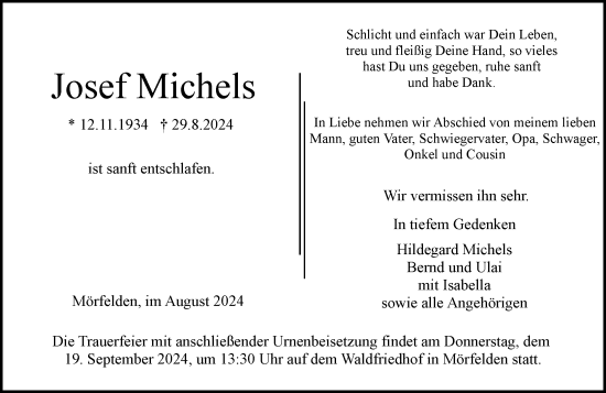 Traueranzeige von Josef Michels von Rüsselsheimer Echo