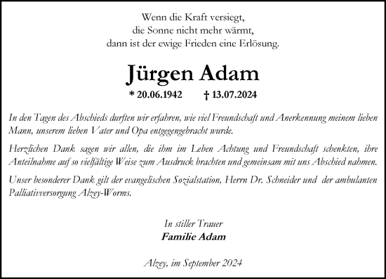 Traueranzeige von Jürgen Adam von Allgemeine Zeitung Alzey