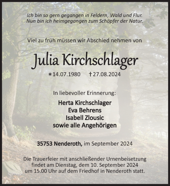 Traueranzeige von Julia Kirchschlager von Dill Block