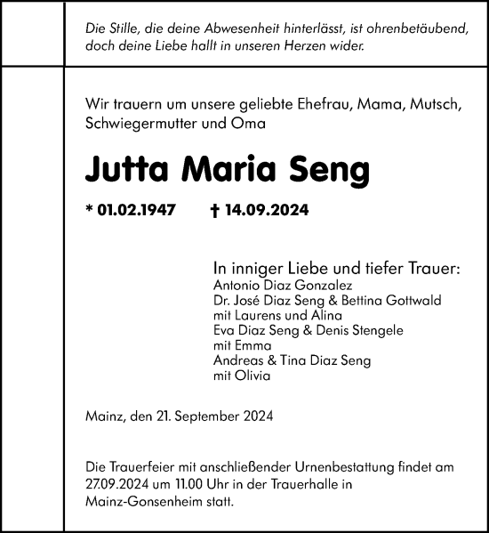 Traueranzeige von Jutta Maria Seng von Allgemeine Zeitung Mainz