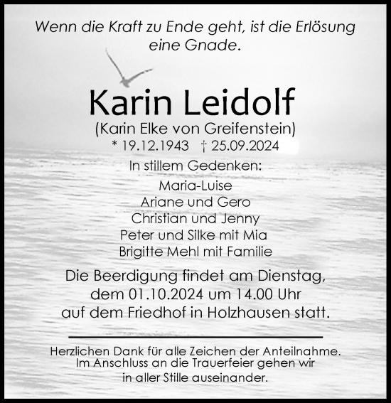 Traueranzeige von Karin Leidolf von Wetzlarer Neue Zeitung