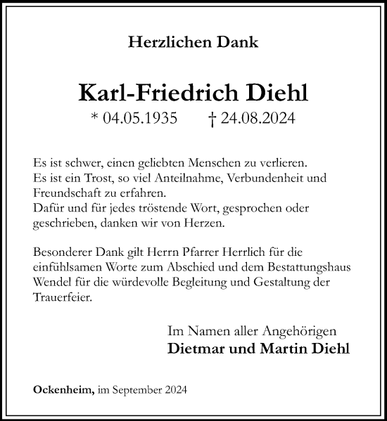 Traueranzeige von Karl-Friedrich Diehl von Allgemeine Zeitung Rheinhessen-Nahe