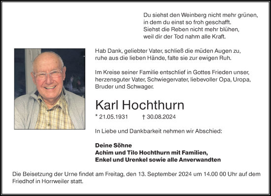 Traueranzeige von Karl Hochthurn von Allgemeine Zeitung Rheinhessen-Nahe