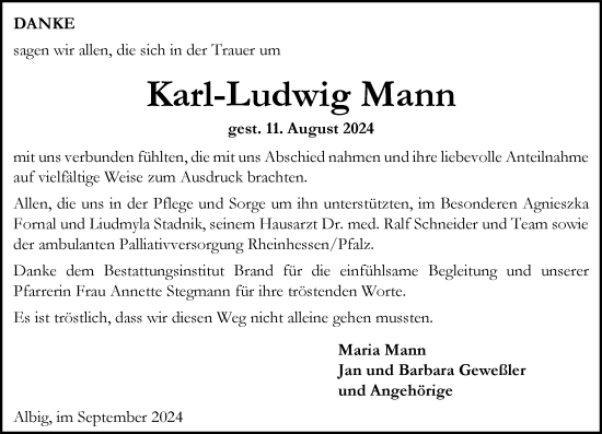 Traueranzeige von Karl-Ludwig Mann von Allgemeine Zeitung Alzey