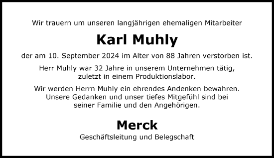 Traueranzeige von Karl Muhly von Darmstädter Echo