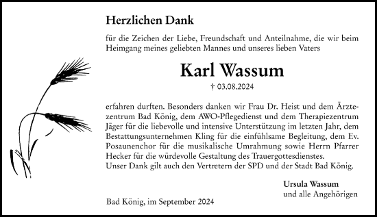 Traueranzeige von Karl Wassum von Odenwälder Echo