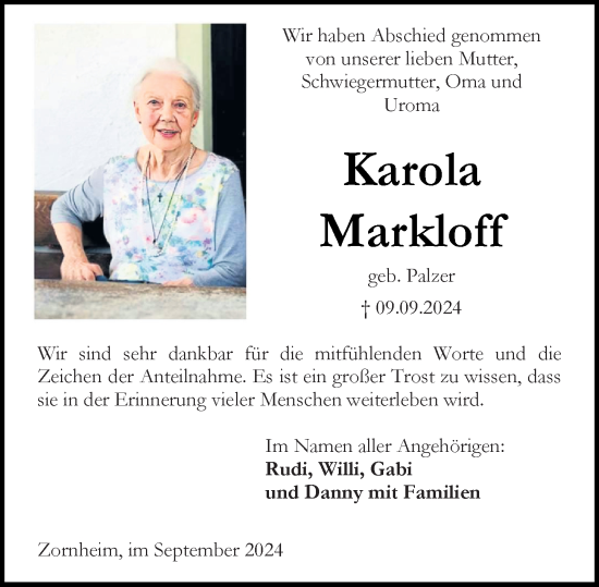 Traueranzeige von Karola Markloff von Allgemeine Zeitung Mainz