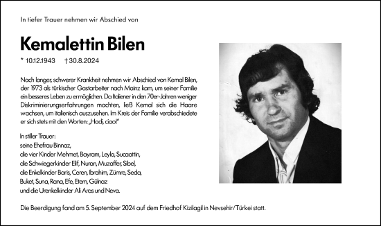 Traueranzeige von Kemalettin Bilen von Allgemeine Zeitung Mainz