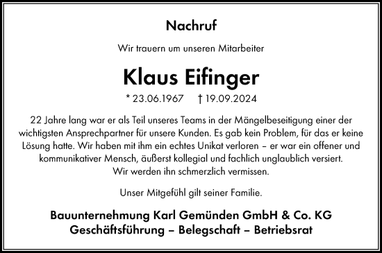 Traueranzeige von Klaus Eifinger von Allgemeine Zeitung Rheinhessen-Nahe