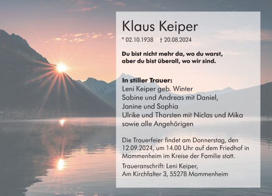 Traueranzeige von Klaus Keiper von Wormser Zeitung
