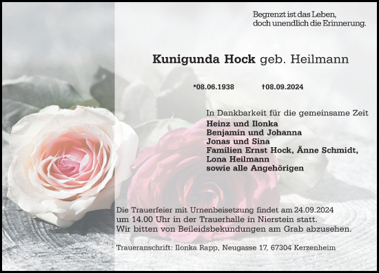 Traueranzeige von Kunigunda Hock von Allgemeine Zeitung Mainz