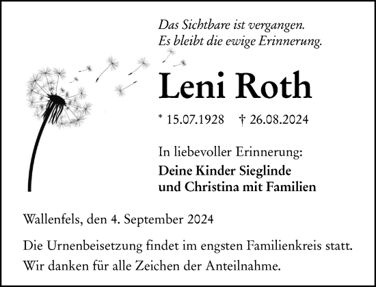 Traueranzeige von Leni Roth von Dill Block
