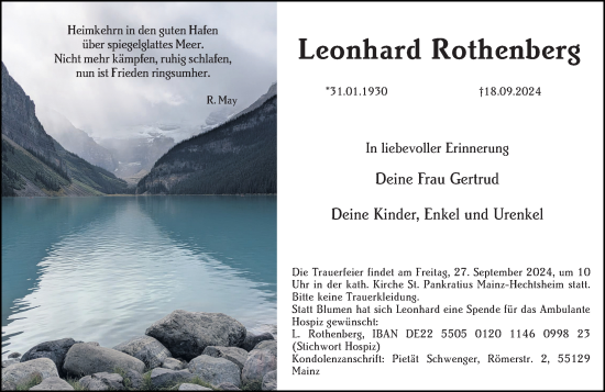 Traueranzeige von Leonhard Rothenberg von Allgemeine Zeitung Mainz