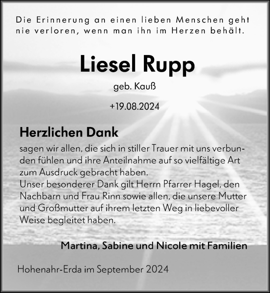 Traueranzeige von Liesel Rupp von Wetzlarer Neue Zeitung