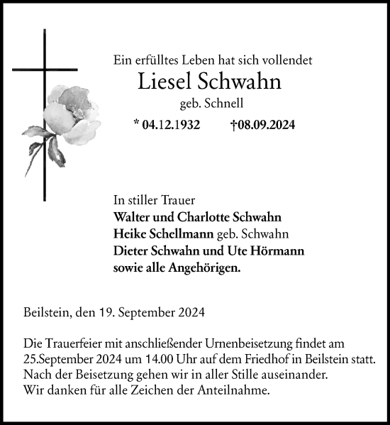 Traueranzeige von Liesel Schwahn von Dill Block