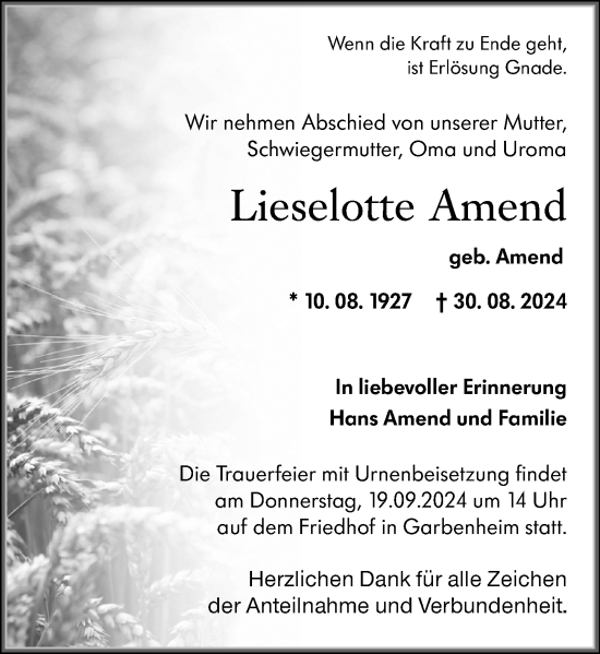 Traueranzeige von Lieselotte Amend von Wetzlarer Neue Zeitung
