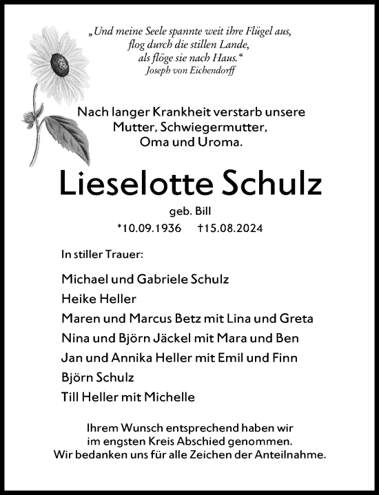Traueranzeige von Lieselotte Schulz von Wetzlarer Neue Zeitung