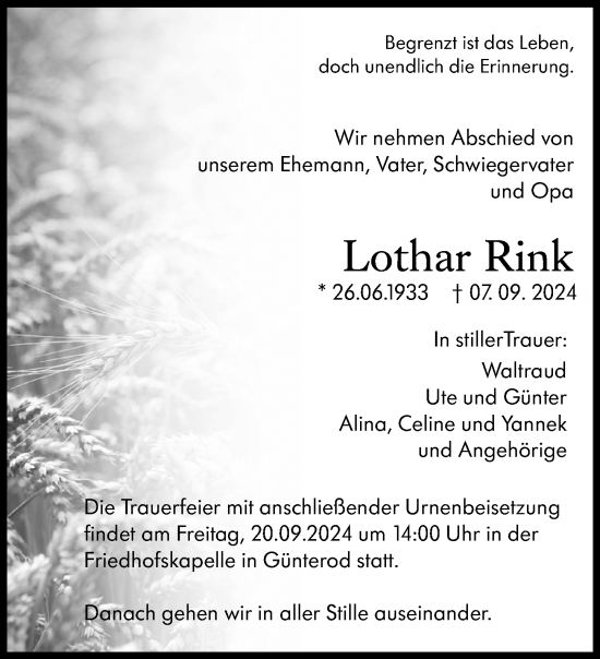 Traueranzeige von Lothar Rink von Hinterländer Anzeiger