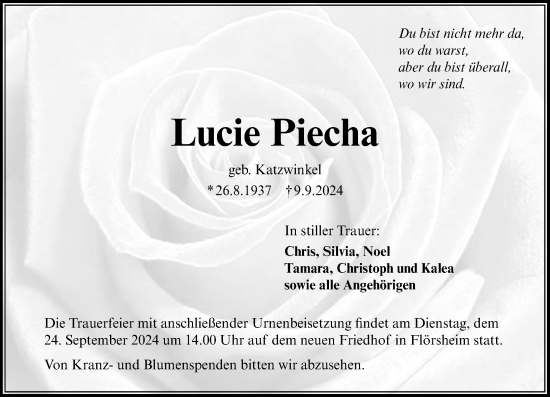Traueranzeige von Lucie Piecha von Rüsselsheimer Echo