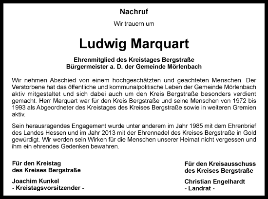 Traueranzeige von Ludwig Marquart von Starkenburger Echo