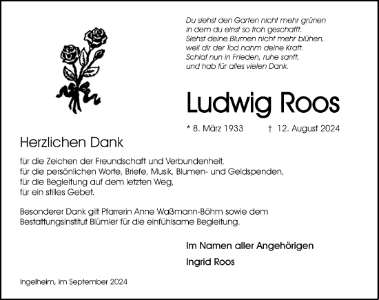 Traueranzeige von Ludwig Roos von Allgemeine Zeitung Rheinhessen-Nahe