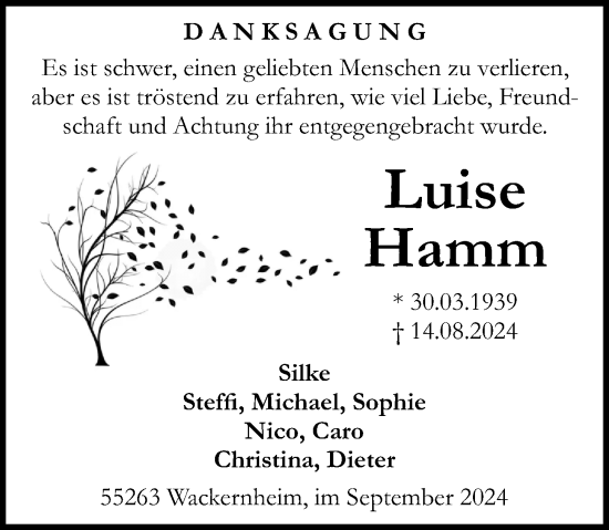 Traueranzeige von Luise Hamm von Allgemeine Zeitung Rheinhessen-Nahe