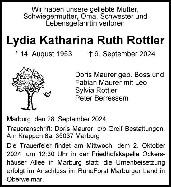 Traueranzeige von Lydia Rottler von Hinterländer Anzeiger