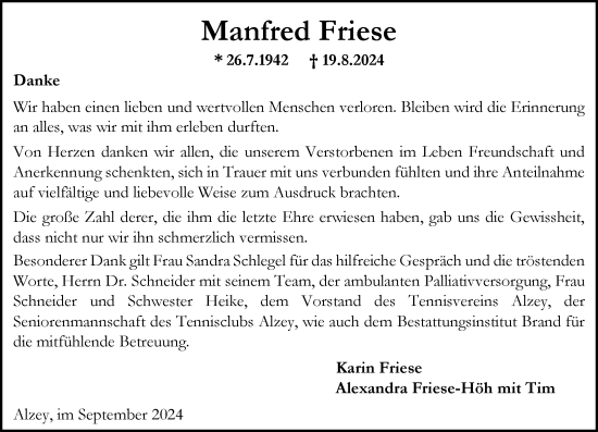 Traueranzeige von Manfred Friese von Allgemeine Zeitung Alzey