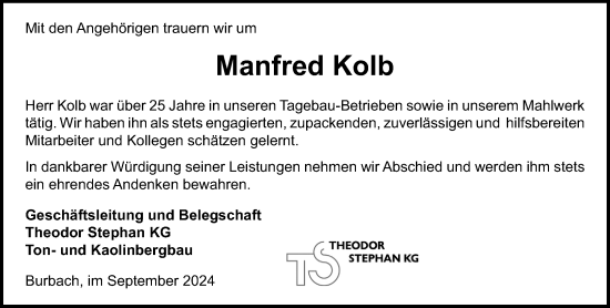 Traueranzeige von Manfred Kolb von Dill Block
