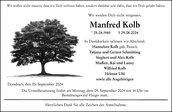 Traueranzeige von Manfred Kolb von Dill Block