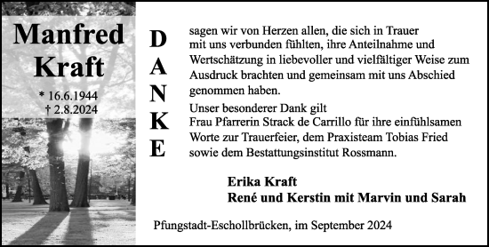 Traueranzeige von Manfred Kraft von Darmstädter Echo
