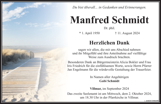 Traueranzeige von Manfred Schmidt von Nassauische Neue Presse