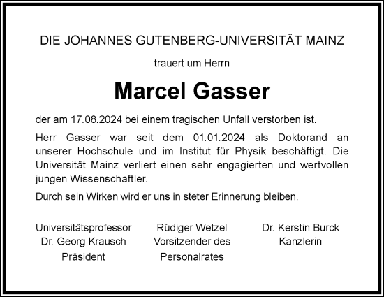 Traueranzeige von Marcel Gasser von Allgemeine Zeitung Mainz