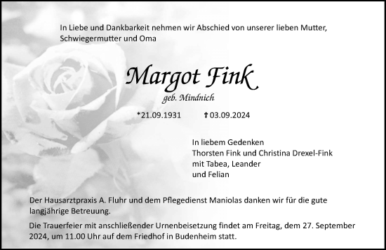 Traueranzeige von Margot Fink von Allgemeine Zeitung Mainz