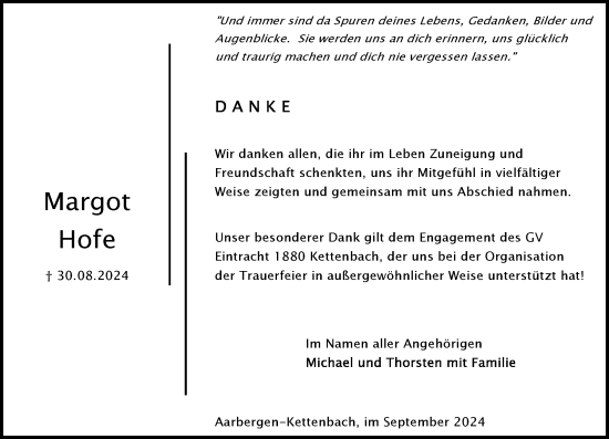 Traueranzeige von Margot Hofe von Idsteiner Land/Untertaunus